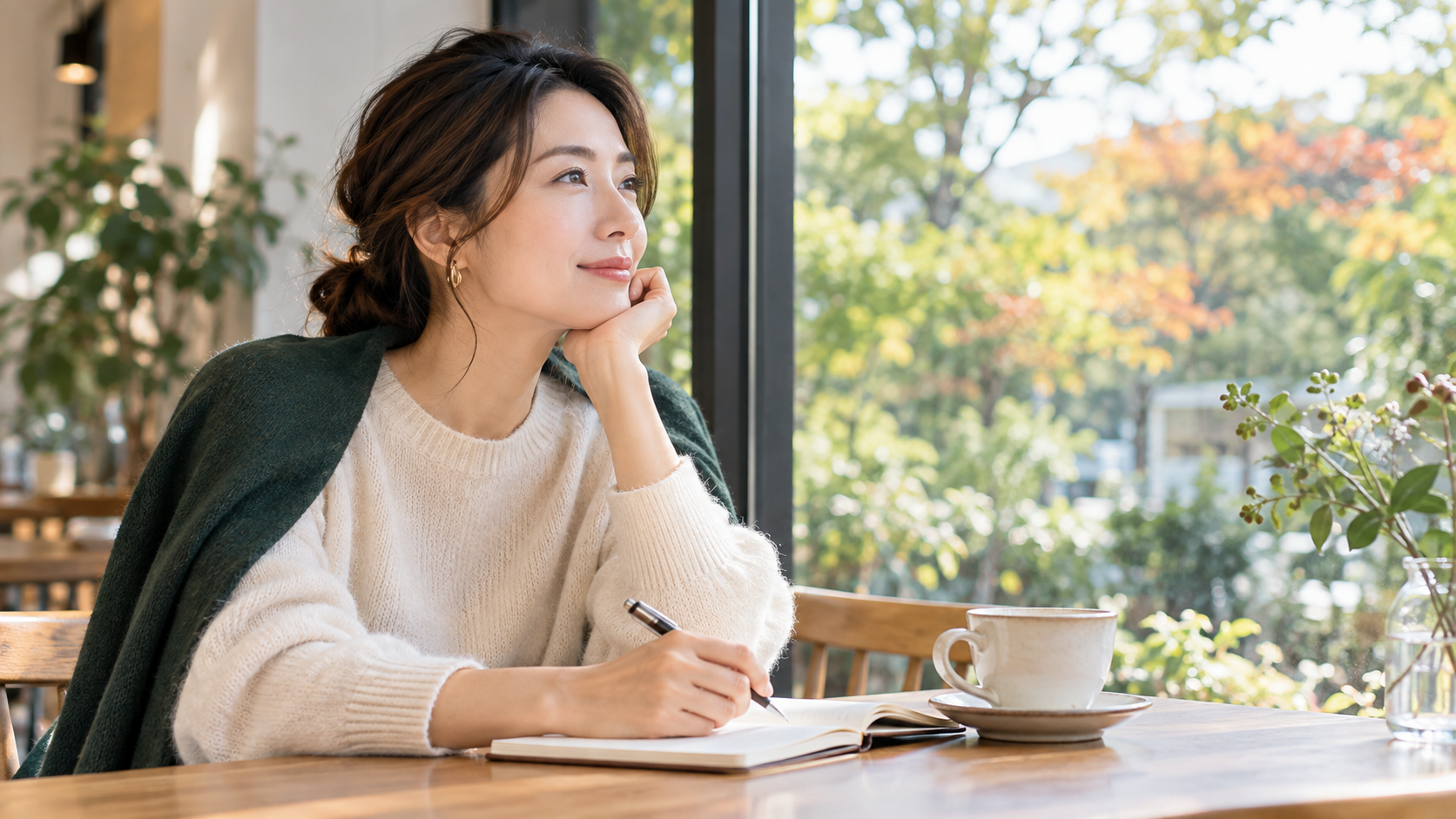 秋のカフェでノートを開き、望む関係を考える女性