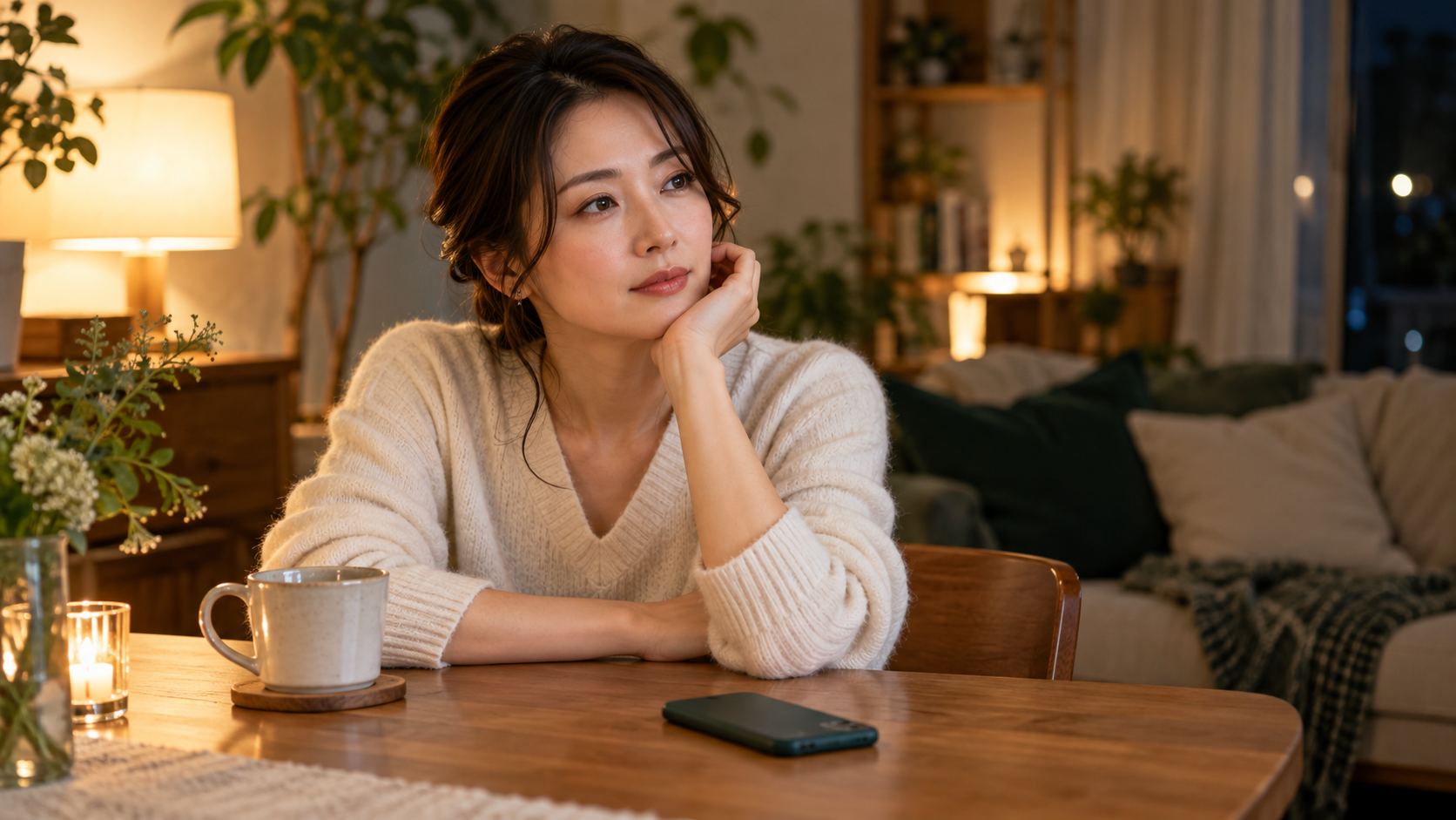 スマートフォンを置き、恋愛で感じる気持ちを振り返る女性