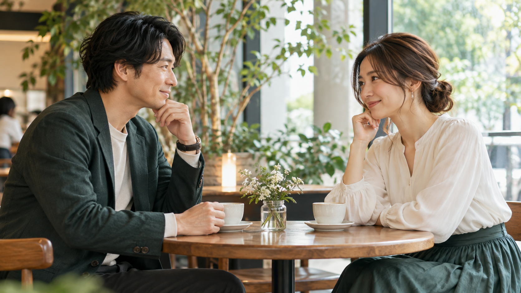 カフェで穏やかに会話する初対面の男女
