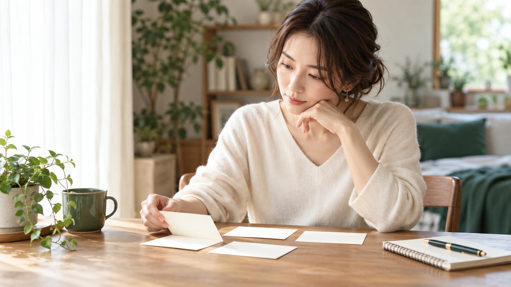 机の上のカードを並べ、自分の大切にしたいことを整理する女性